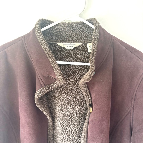 L.L. Bean Women’s Brown Faux Suede Button Up Pea Coat Sherpa Lining Chore Jacket - Picture 2 of 10